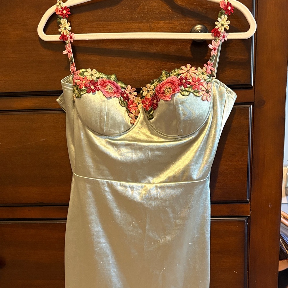 Windsor Cream Satin Mini Dress with Pink Floral Embroidery